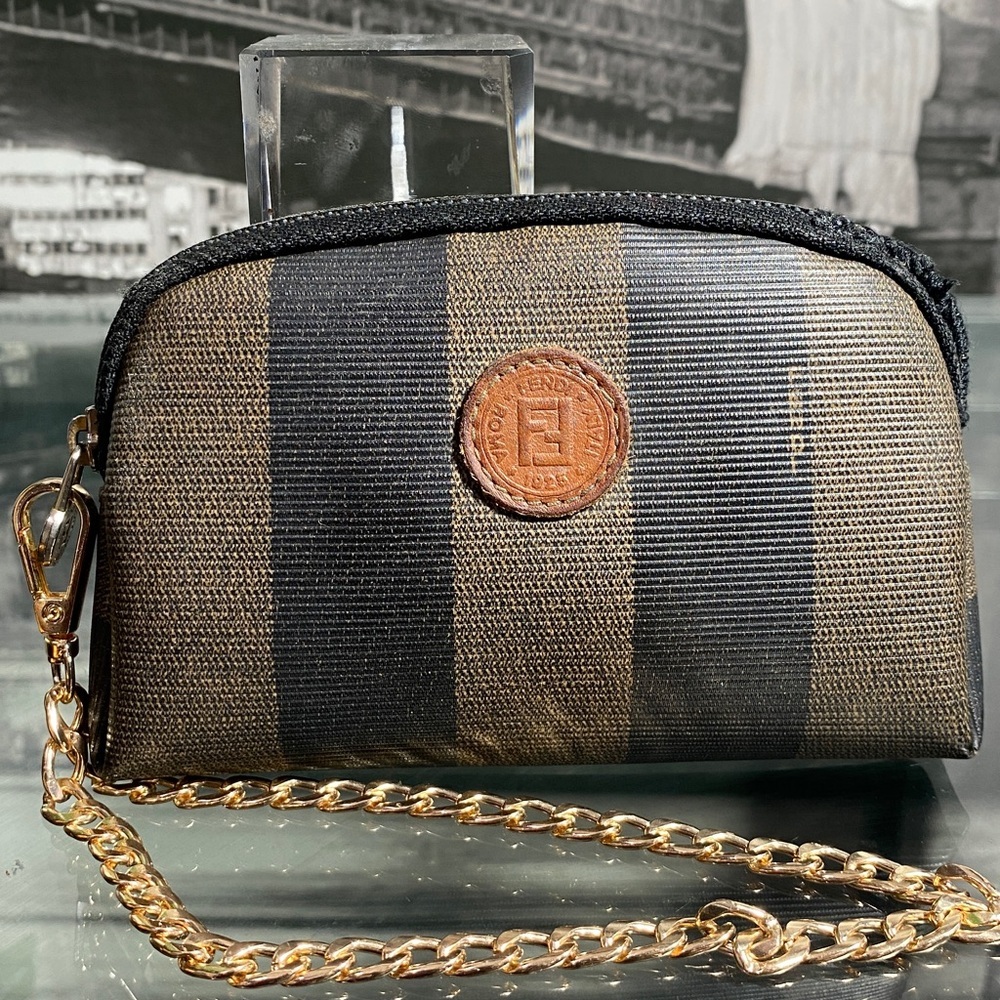 Authentic Fendi Pequin Brown & Black Striped Canvas Pouch - Picture 2 of 16